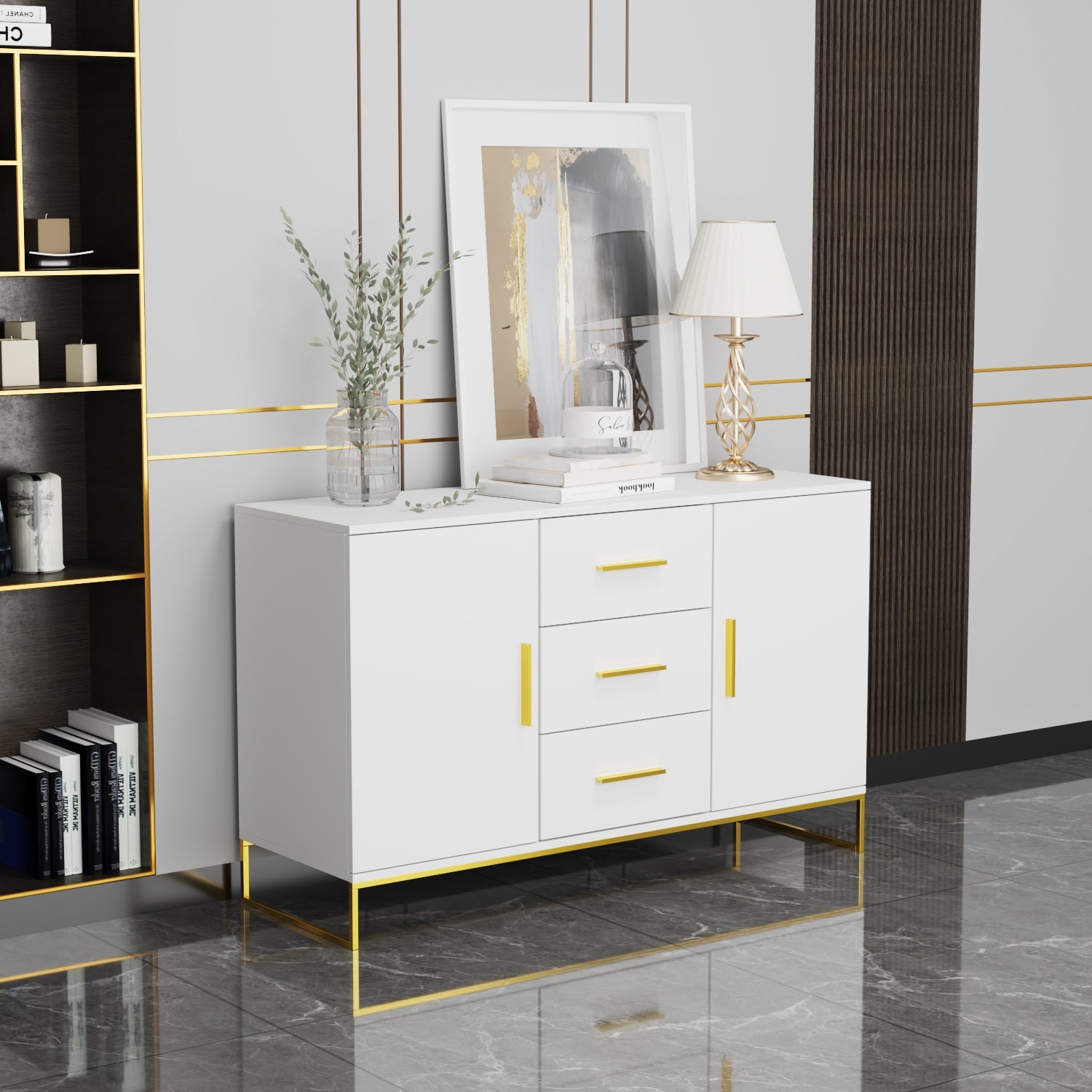 Buffet Sideboard with 3 Drawers & 2 Doors Storage Cabinet Sideboard Credenza Metal Legs for Dining Room and Living Room