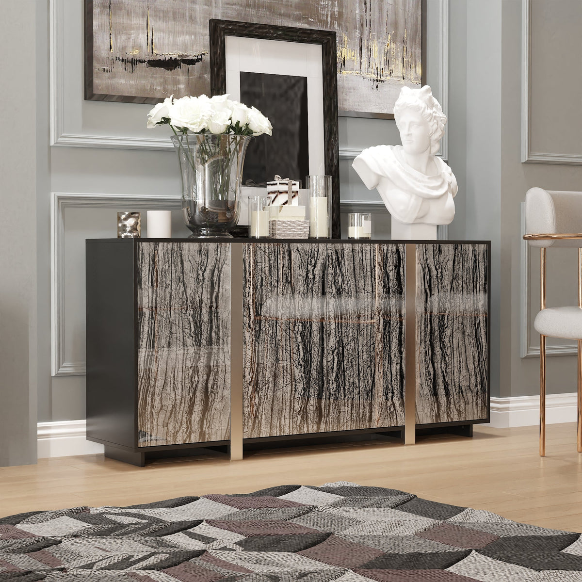 63" Modern Industrial Accent Cabinet With Stone-Patterned Glass Doors