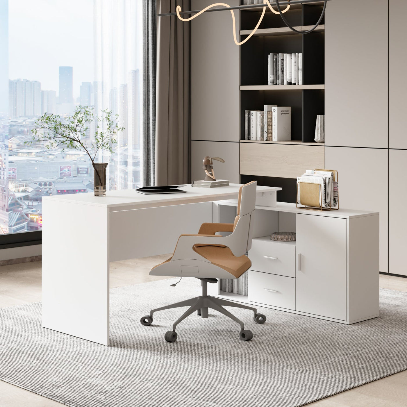 L-Shaped Computer Desk Writing and Gaming Desk with Drawers and Shelves for Home Office
