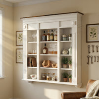 47.2" White Wall Mount Display Cabinet with Rustic Wood Top and 12 Open Compartments