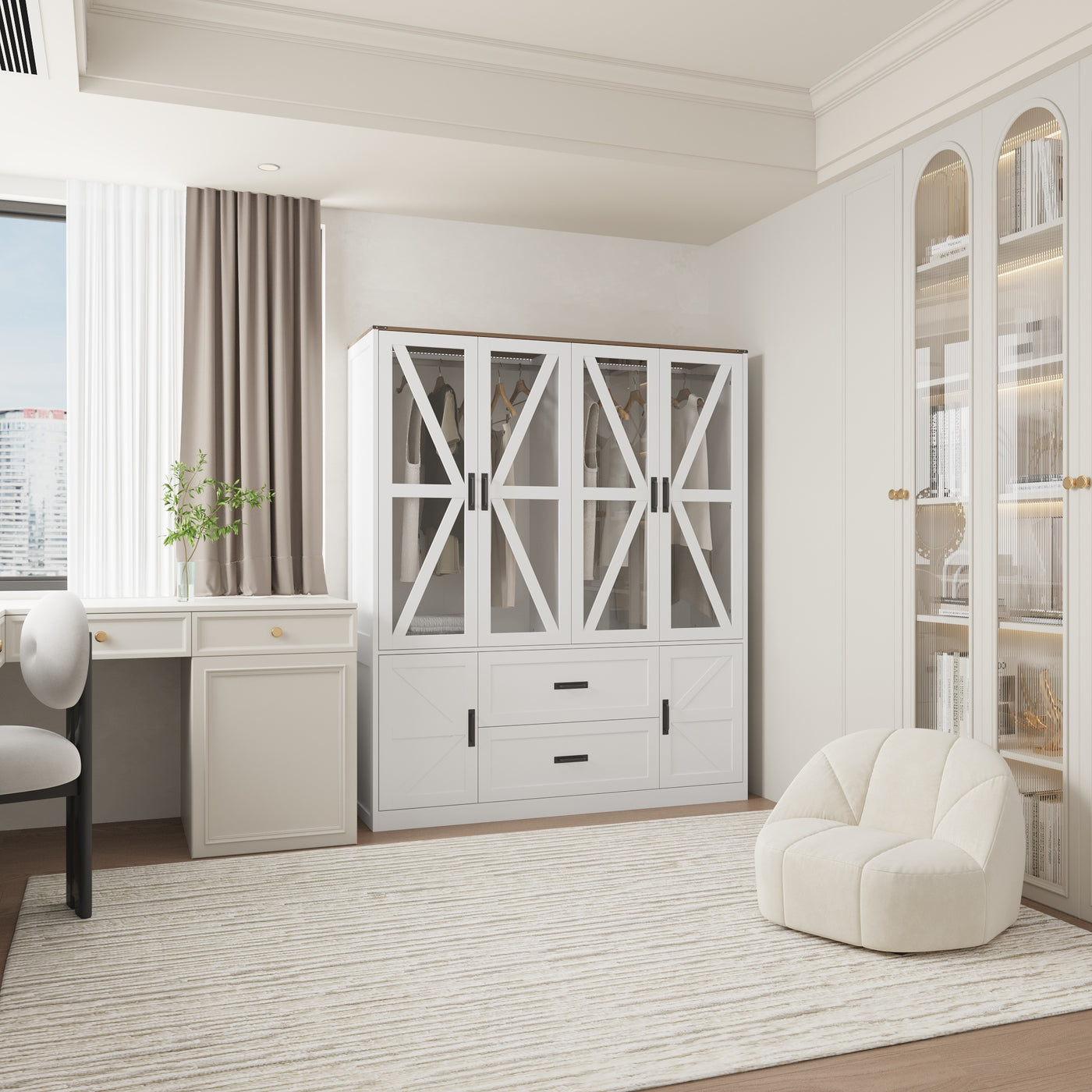 63" Modern Natural Wardrobe with 3-Color Lights and Glass Doors