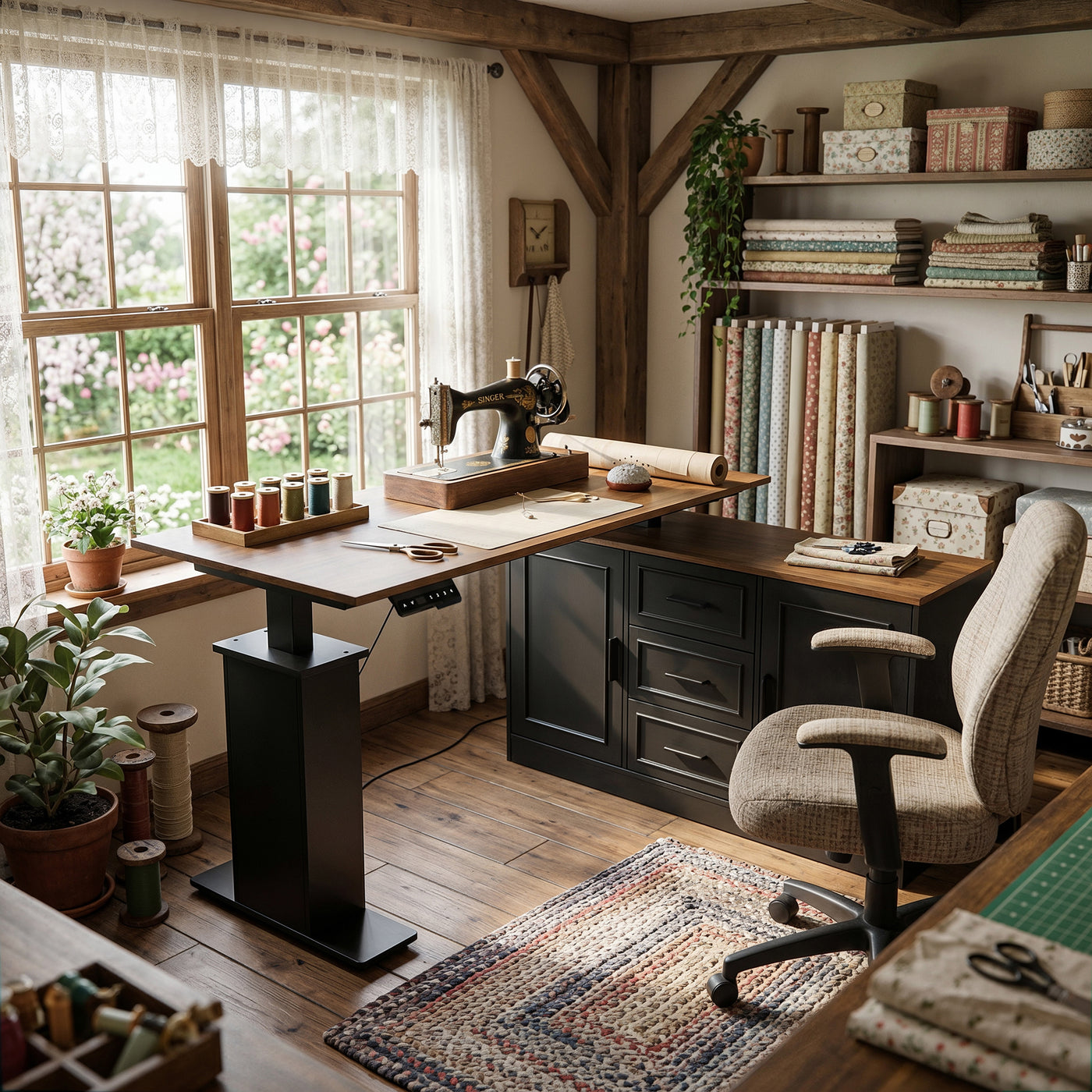 55.1" Rustic Wood L-Shaped Electric Height Adjustable Standing Desk with 3 Drawers and Side Storage Cabinet
