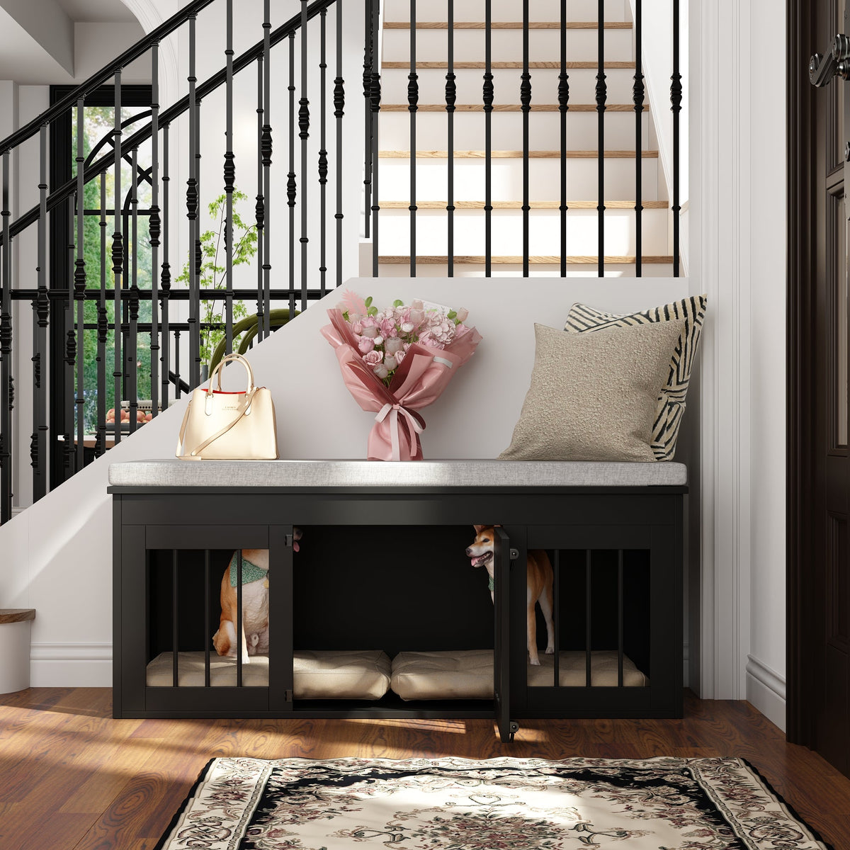 47.2" Modern Black Bed Bench Dog Crate with Cushion