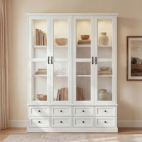63" Smart White Display Cabinet with Bluetooth LED Lights, 8 Drawers and Glass Doors