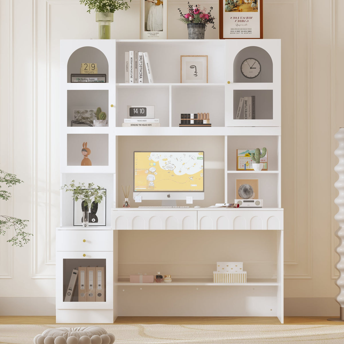 62.4" Modern White Desk with Hutch, Open Shelves and Cabinets