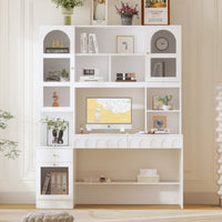 62.4" Modern White Desk with Hutch, Open Shelves and Cabinets