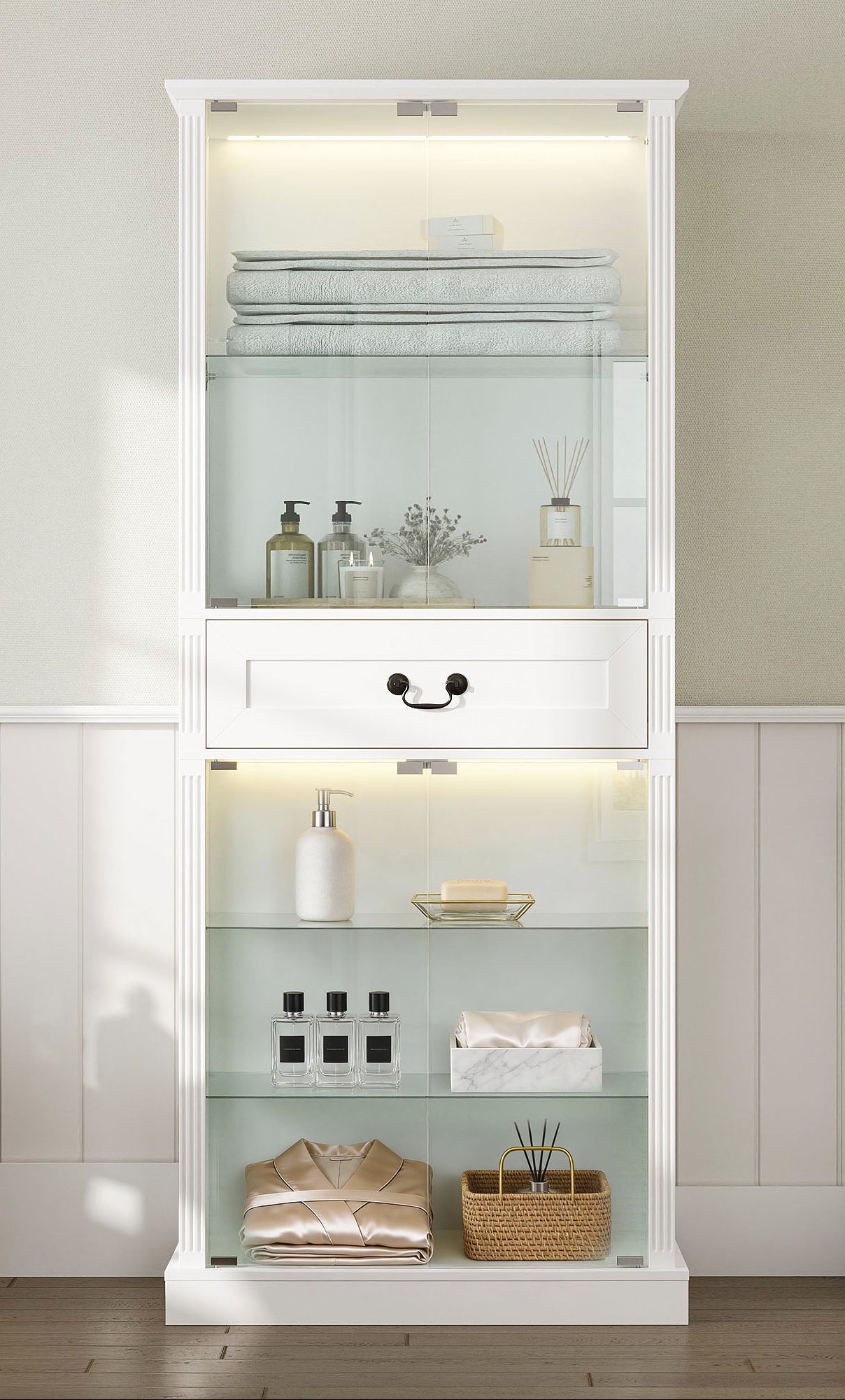 Elegant Bathroom Cabinet With Glass Doors & Smart LED Light