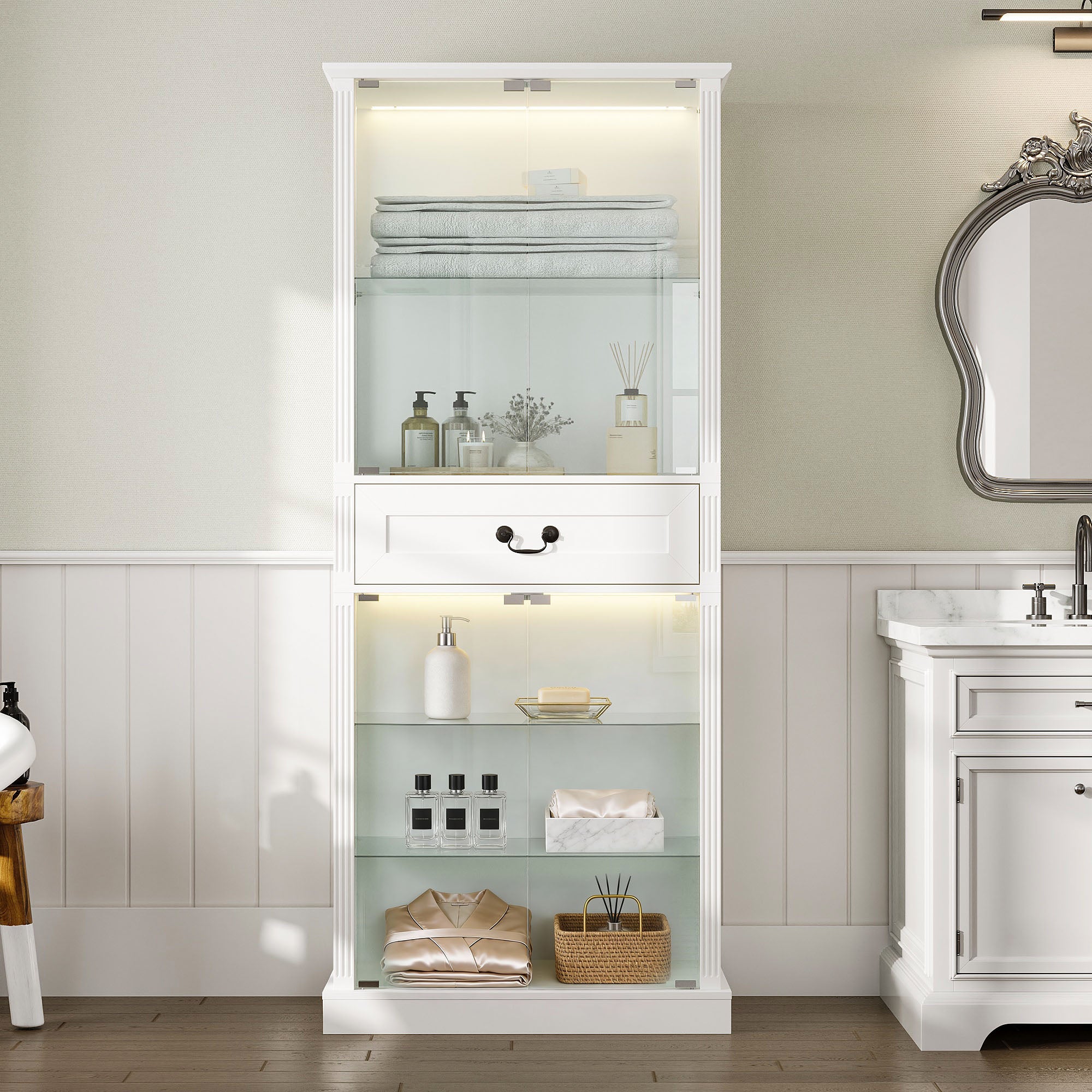 Elegant Bathroom Cabinet With Glass Doors & Smart LED Light