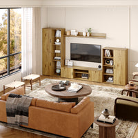 126" Mid-century Natural Wood Entertainment Center with Display Shelves & Storage