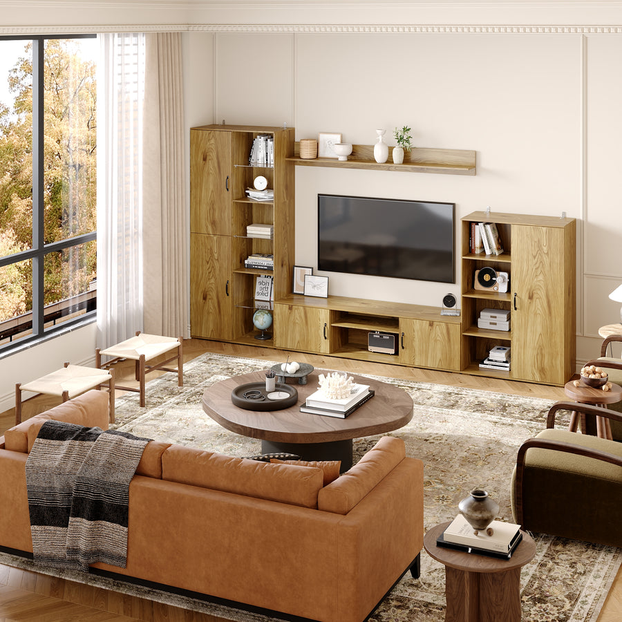 126" Mid-century Natural Wood Entertainment Center with Display Shelves & Storage