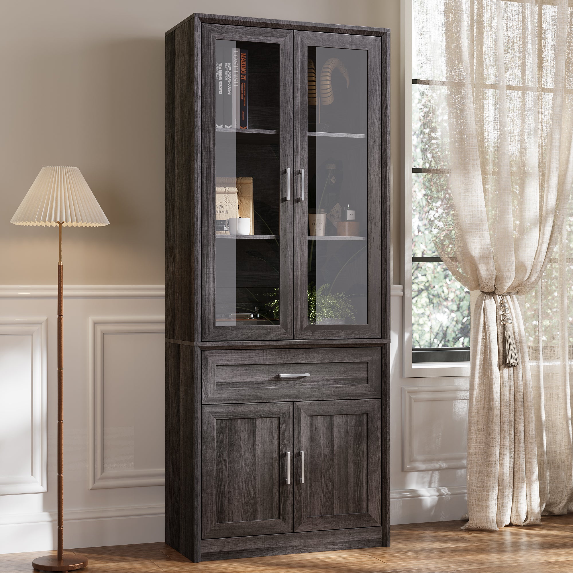 80'' H X 31.5'' W Bookcase With Glass Doors & Drawer