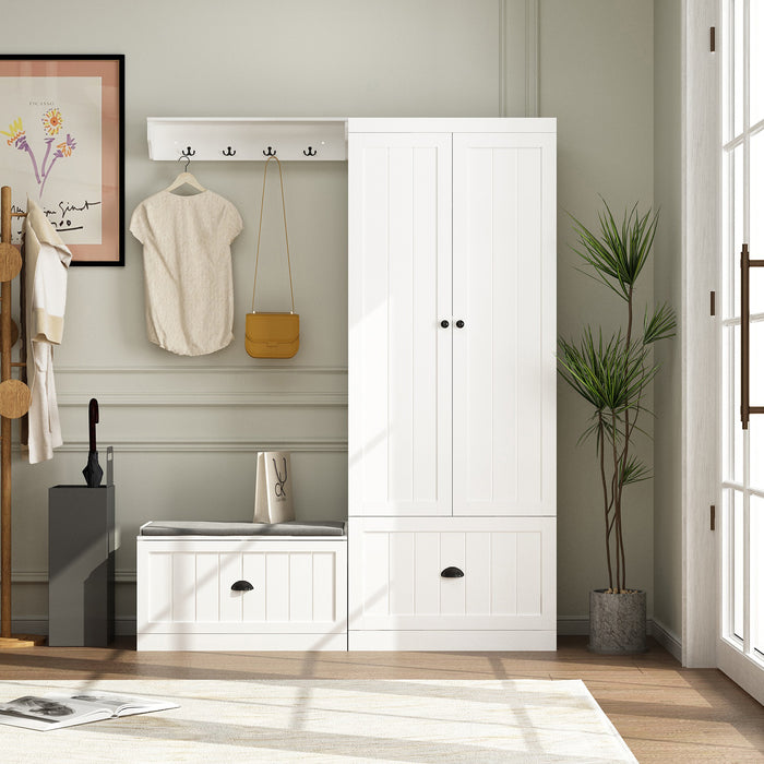 59.1 inch Modern White Hall Tree with Storage Bench & Flip-Down Shoe Cabinet