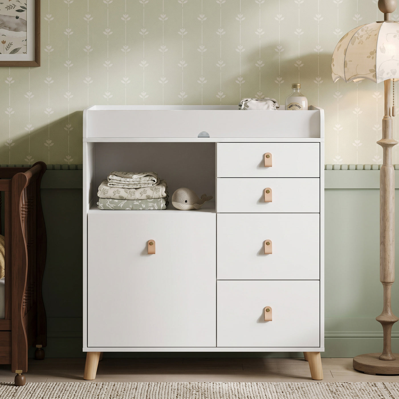 47.2" Modern White Changing Table Dresser with 3 Drawers & 2 Storage Cabinets