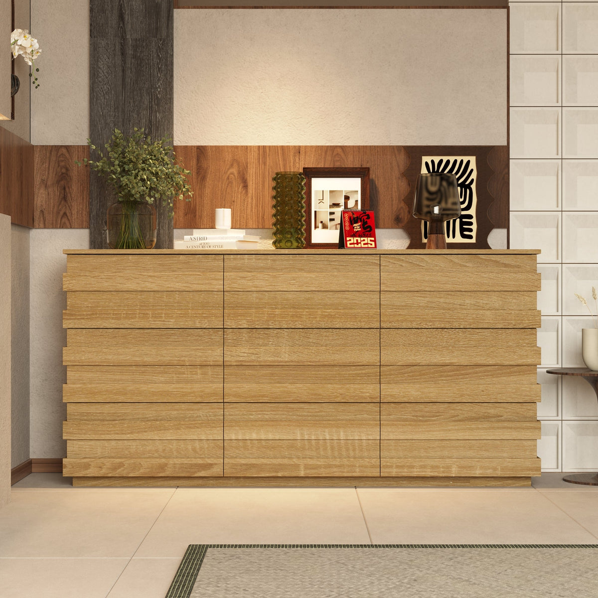 63" Modern Oak 9-Drawer Dresser Storage Cabinet