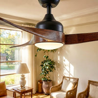 Ceiling fan with wooden blades in a living room setting