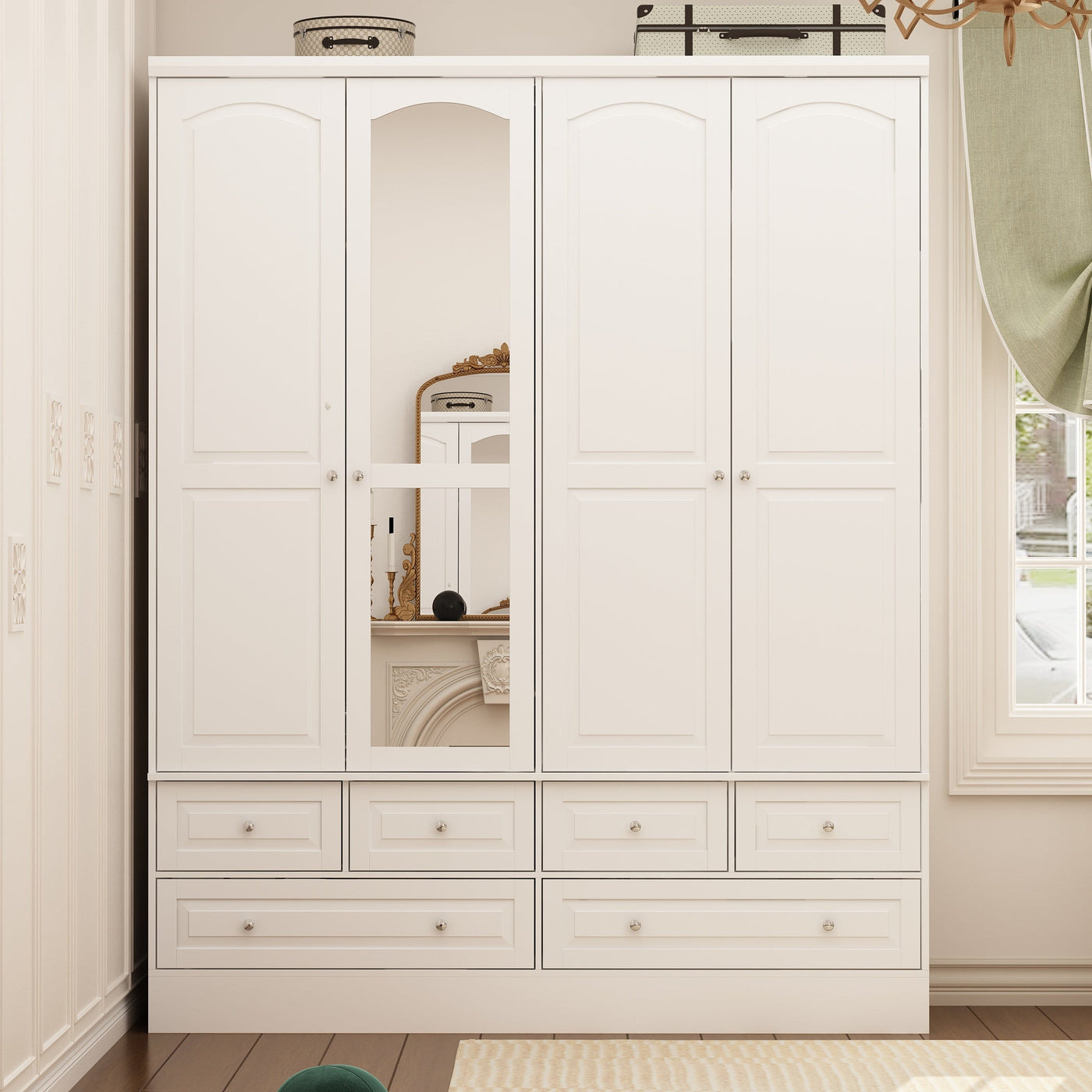 63" Elegant White Armoire Wardrobe with Mirror, 4 Doors, and 6 Drawers