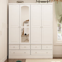 63" Elegant White Armoire Wardrobe with Mirror, 4 Doors, and 6 Drawers