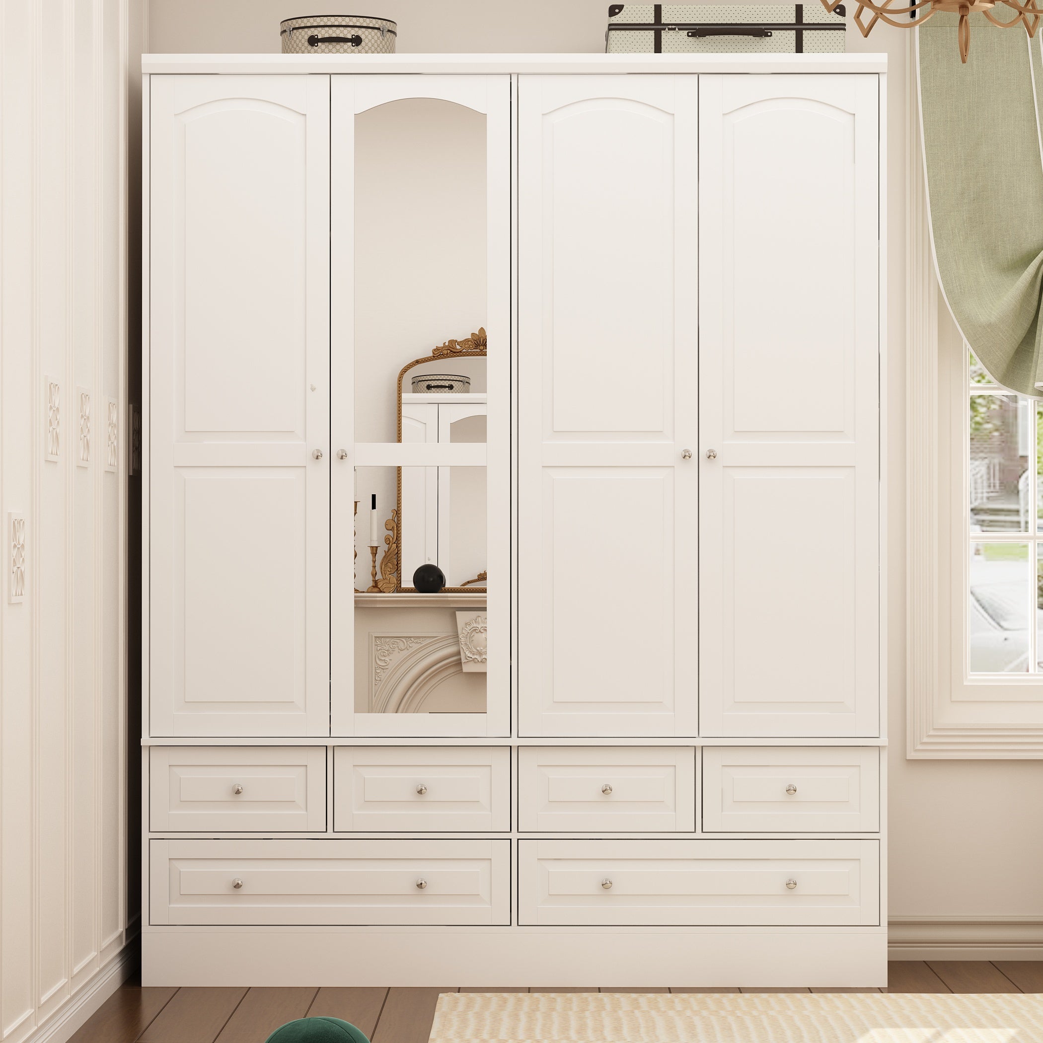 63" W Elegant White Armoire Wardrobe with Mirror, 4 Doors, and 6 Drawers
