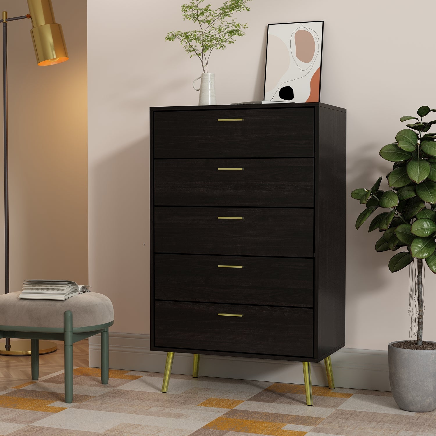 Contemporary Chest Cabinet Versatile Dresser with 5 Large Storage Space Drawers