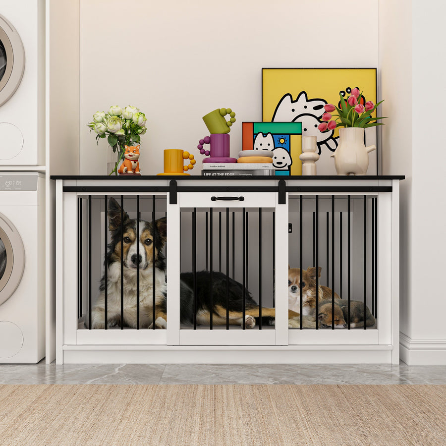 55.1" Modern White/Black Barn Door Dog Crate with Lock