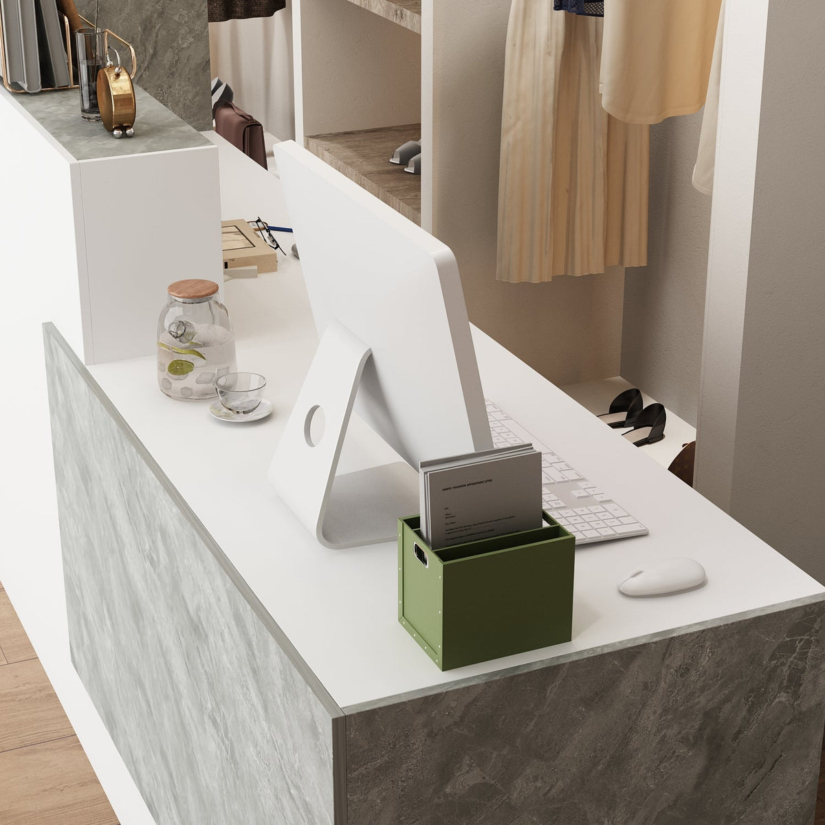 86.6" Modern Minimalist White Rectangular Reception Desk With Open Shelves
