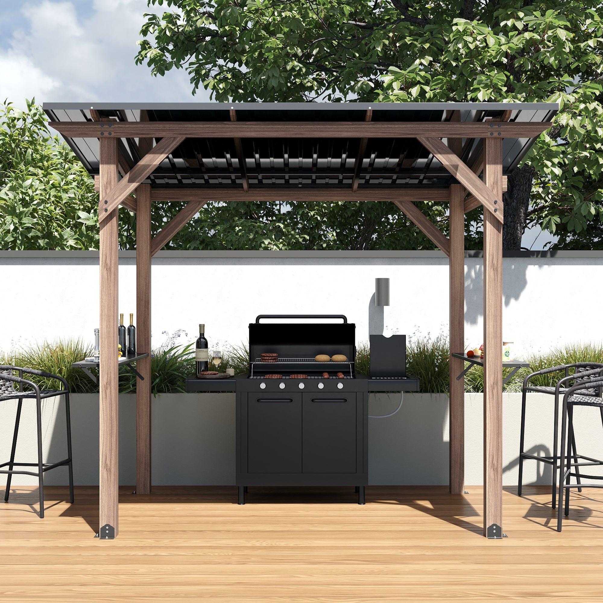 Cedar Wood Grill Gazebo Hardtop Roof With Side Tables For Patio BBQ Shelter