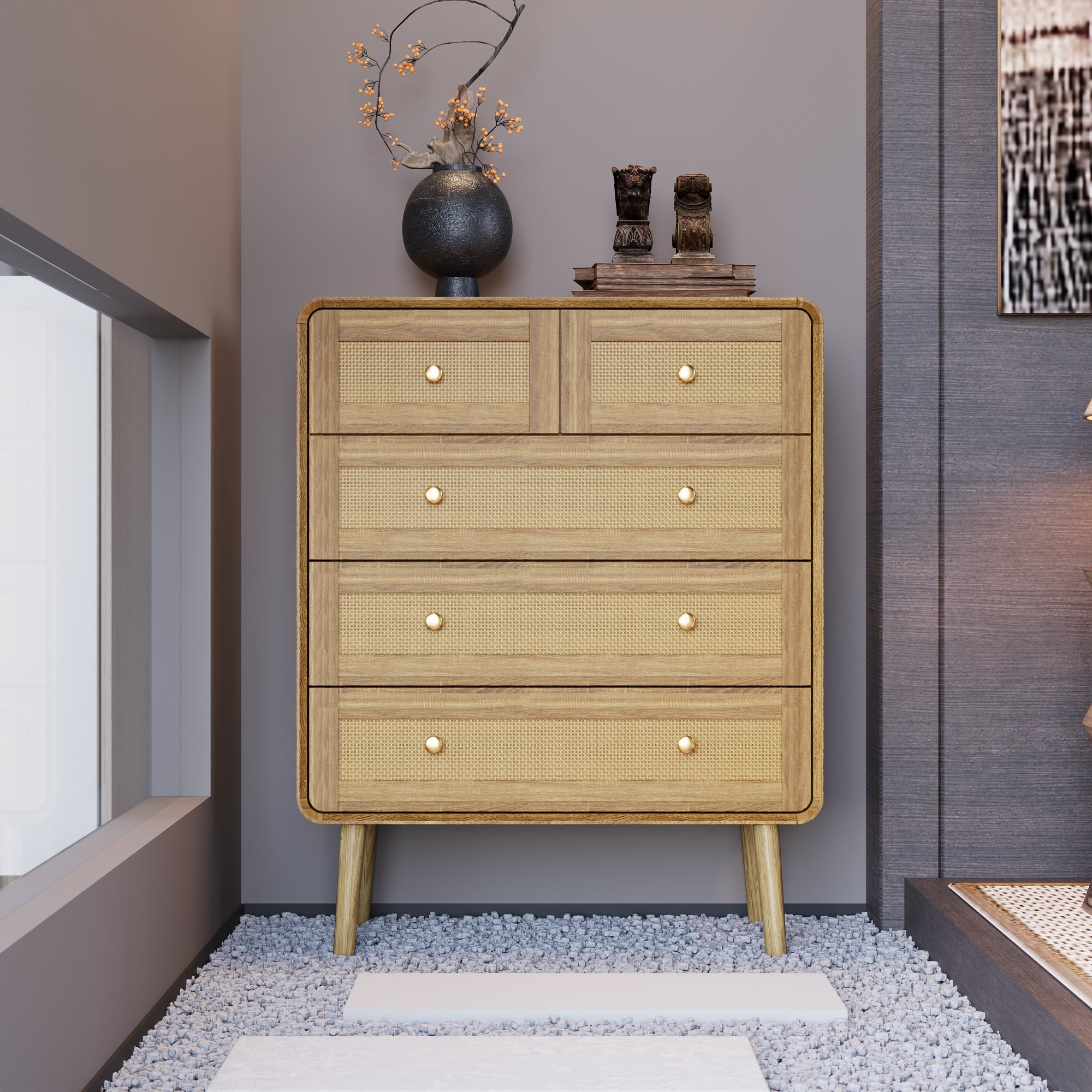 Vertical 5 Rattan Chest Of Drawer