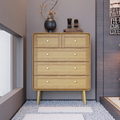 31.5" Modern Natural Vertical 5 Rattan Chest of Drawer