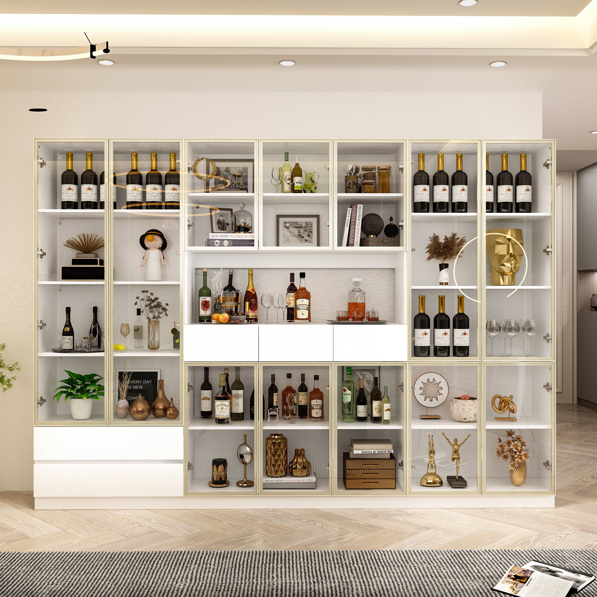 78.7'' H x 110 '' W Combination Bookcase Display Cabinet With Glass Doors & LED Lights