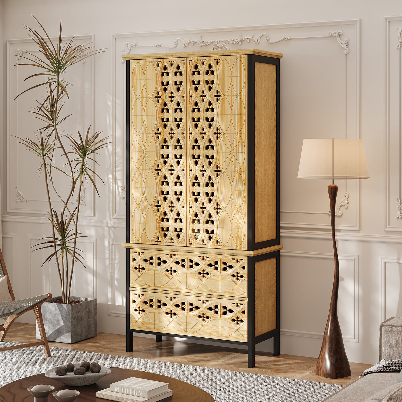 Decorative wooden cabinet with intricate patterns in a stylish room.