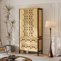 Decorative wooden cabinet with intricate patterns in a stylish room.