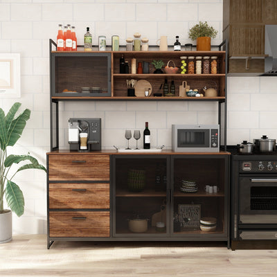 59" Modern White/Black Large Kitchen Sideboard Display Cupboard with Drawers and Mesh Doors