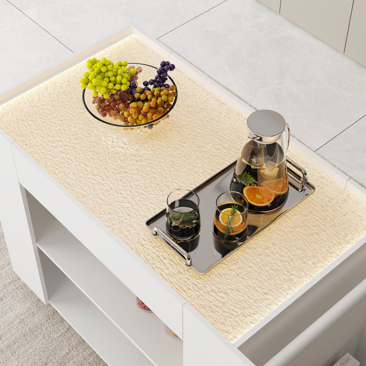 47.8" Rolling Kitchen Island Cart with Glass Top and Light
