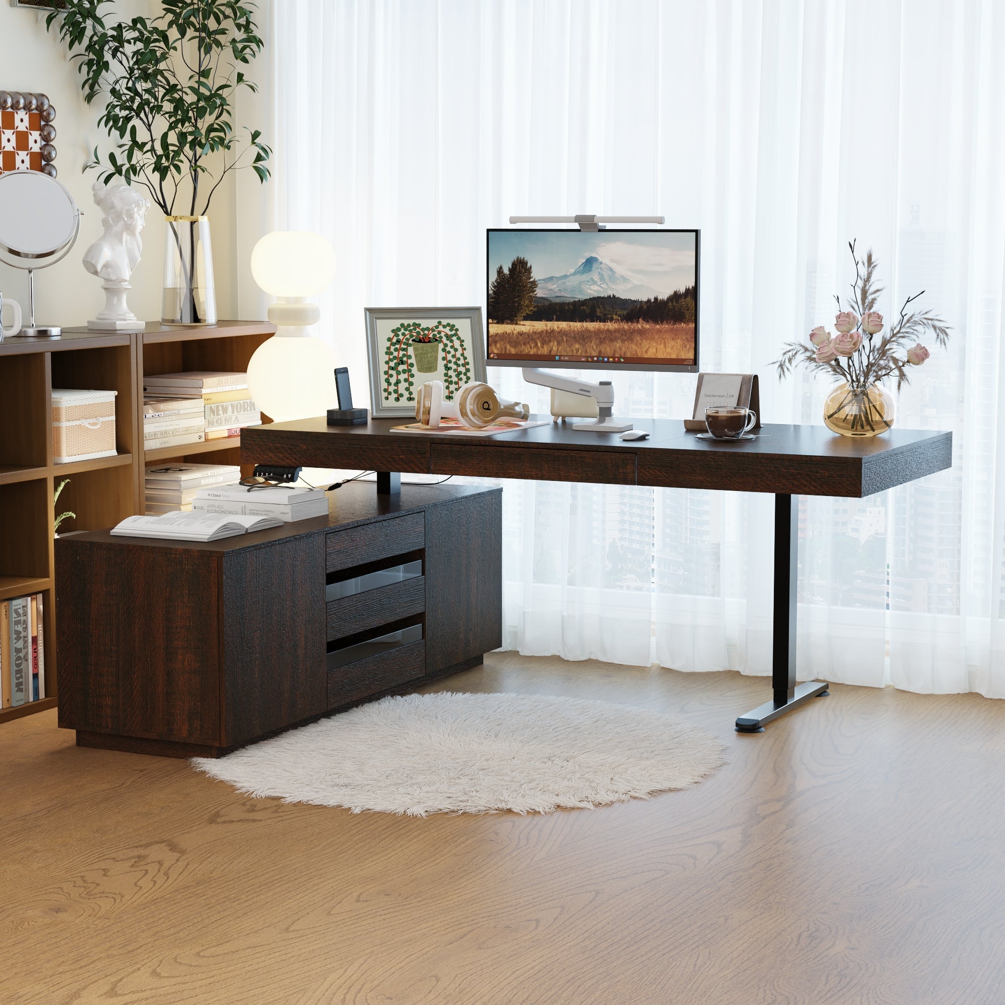 71'' W L-Shaped 3-Drawer Lift Computer Desk (29'' H To 44'' H) With 59'' W Bookcase