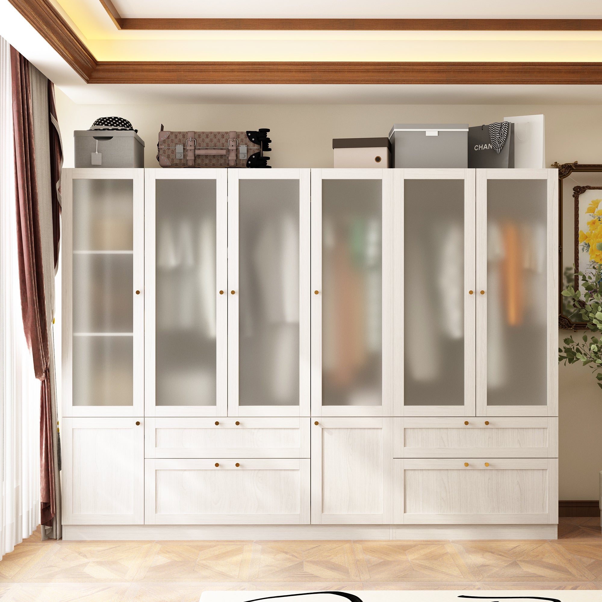 Elegant Multi-Compartment Wardrobe with Frosted Glass Doors & Ample Storage