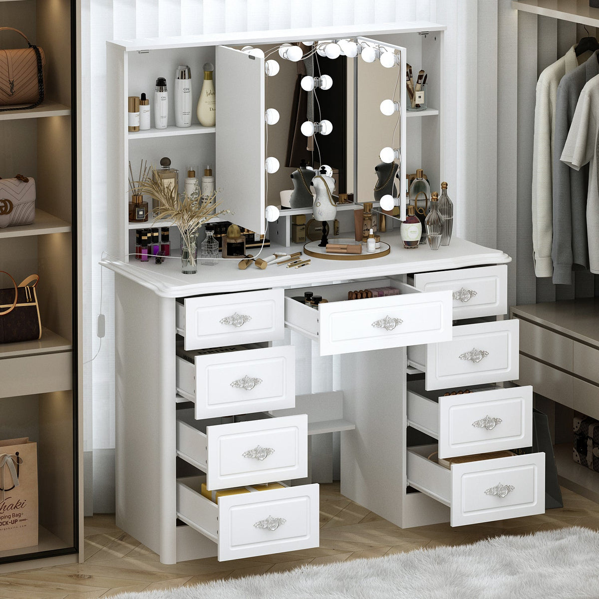 43.3" Modern Minimalist White Vanity Table with 7 Drawers Lights And Mirror