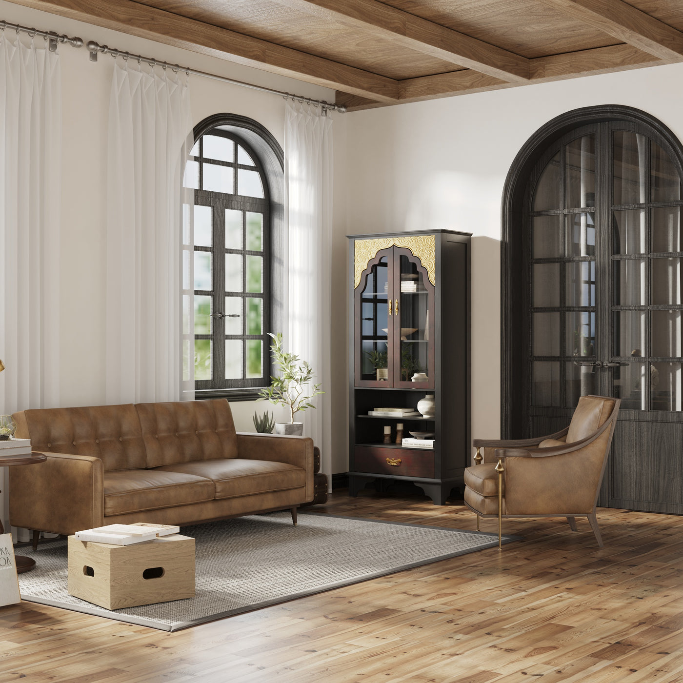 31.5" Vantage Brown Display Cabinet with Tempered Glass Door and Exquisite Carvings