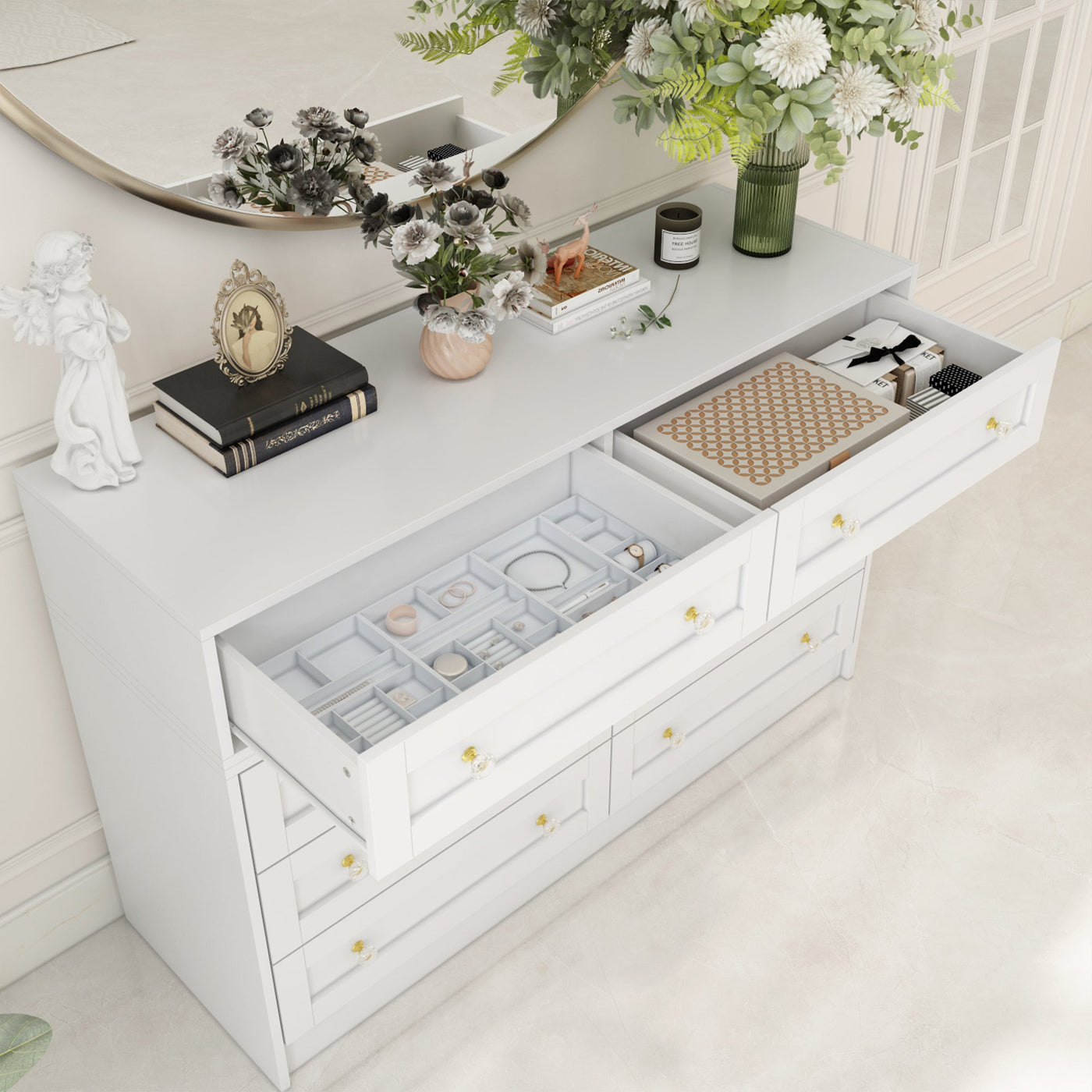 95" Modern Glam White Dresser and Vanity With Lights And Versatile Storage