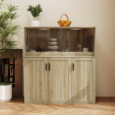 47.2" Modern Natural Wood Food Pantry Cabinet with Sliding Glass Doors & Ventilated Design