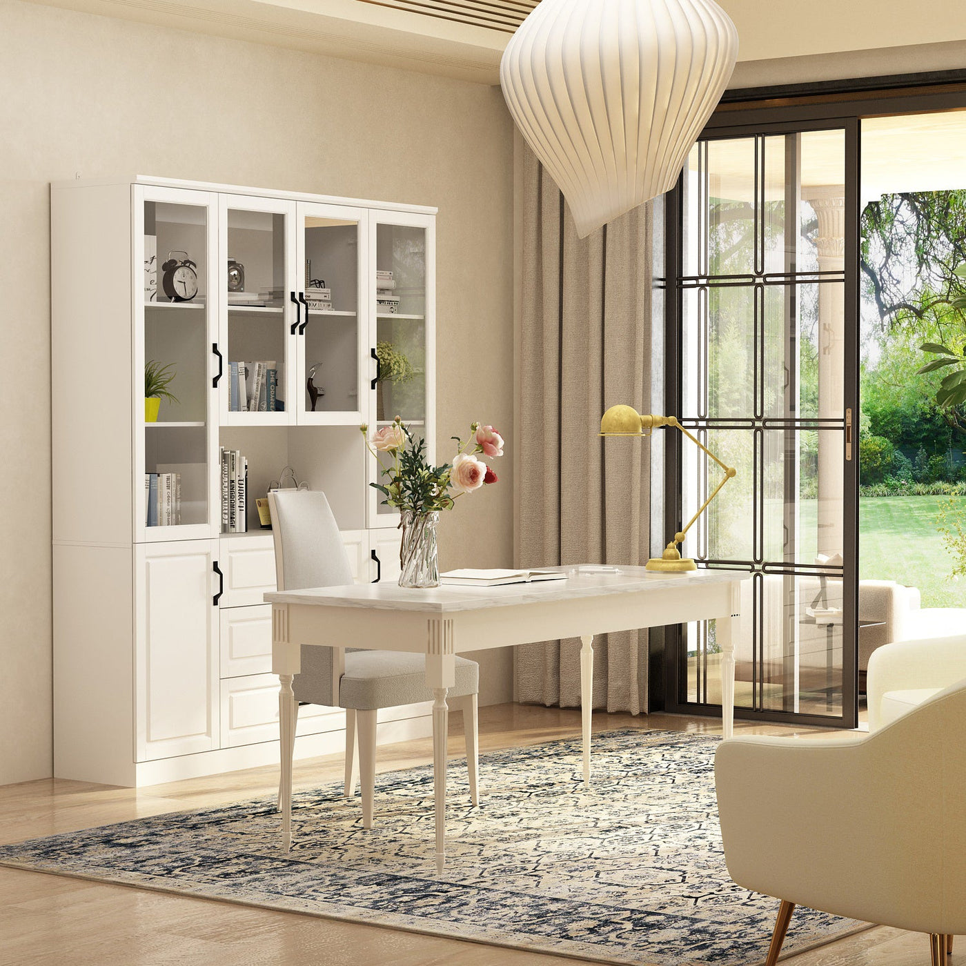 Vila 63" White Display Cabinet & Bookcase with Open Shelf and 3 Drawers