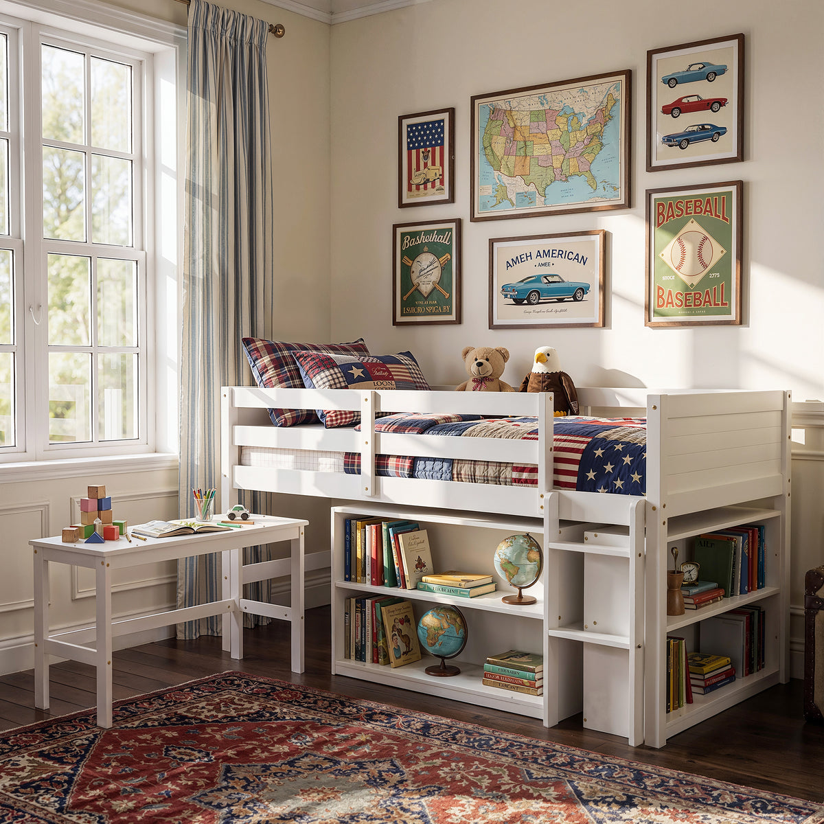 White kids loft bed with built-in desk, shelves, ladder, and storage space