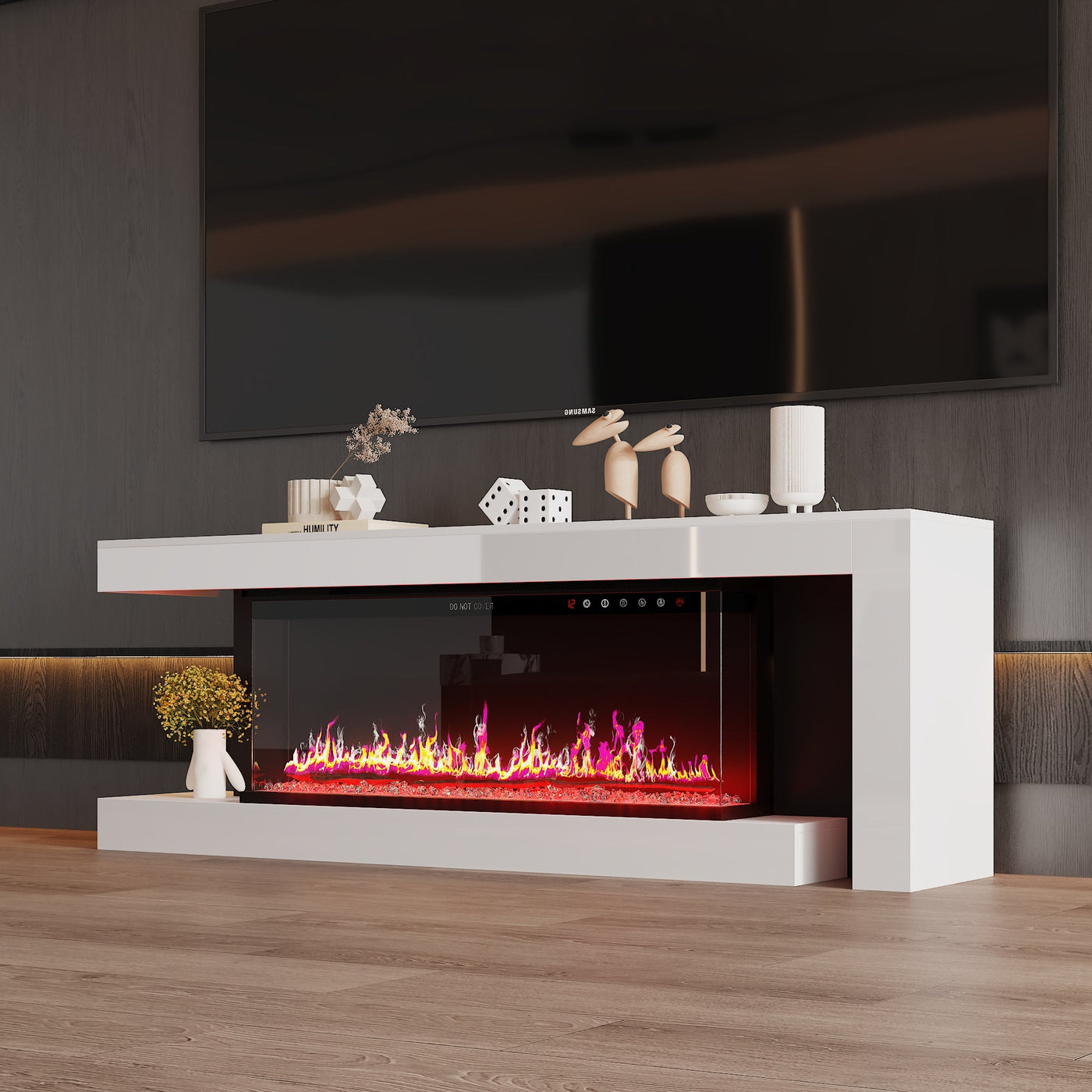 66.9" Modern White Electronic Fireplace with TV Stand