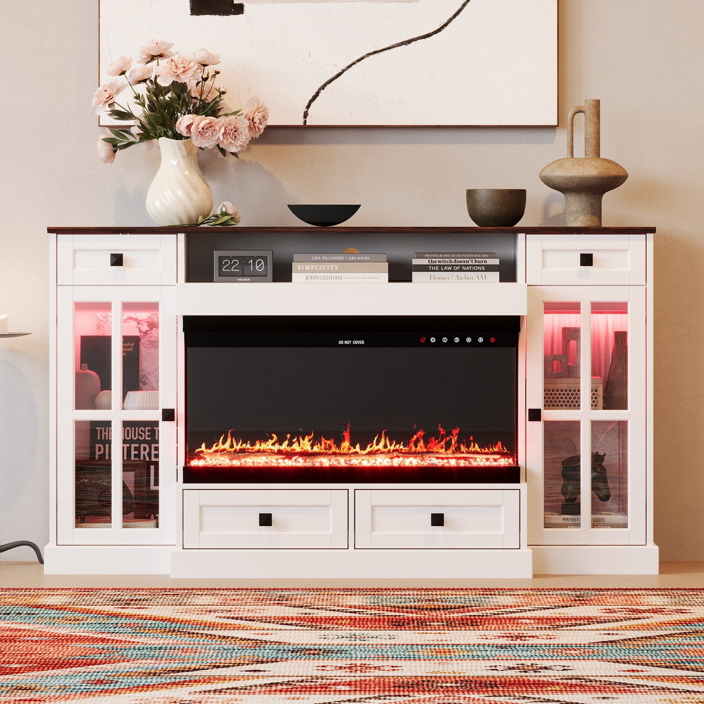55" Modern White Electronic Fireplace With White TV Stand and Adjustable Light