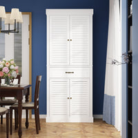 30" Modern Minimalist White Tall Storage Cabinet with 6-Tier Adjustable Shelves, Drawers and Shutter Door