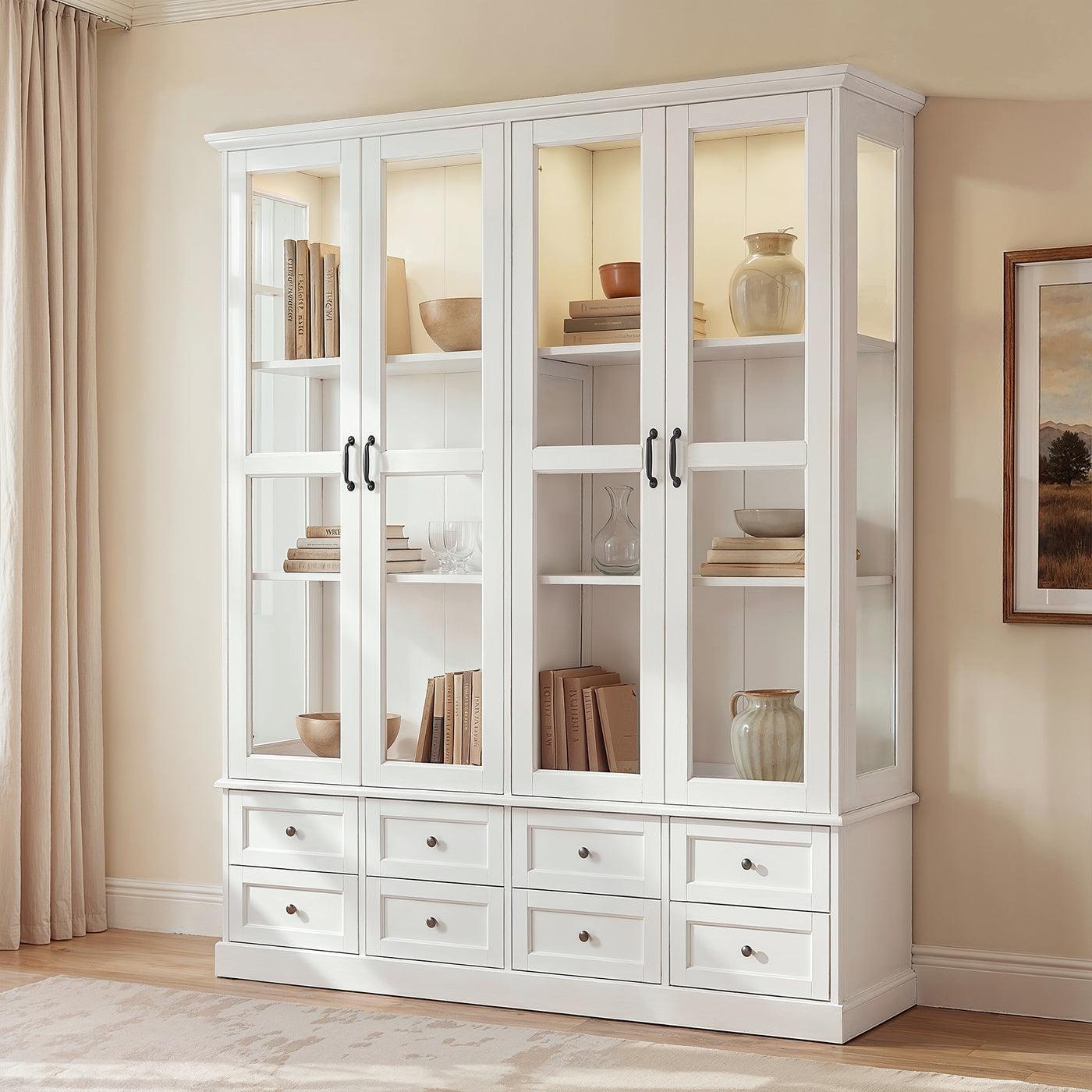 63" Smart White Display Cabinet with Bluetooth LED Lights, 8 Drawers and Glass Doors