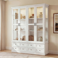 63" Smart White Display Cabinet with Bluetooth LED Lights, 8 Drawers and Glass Doors