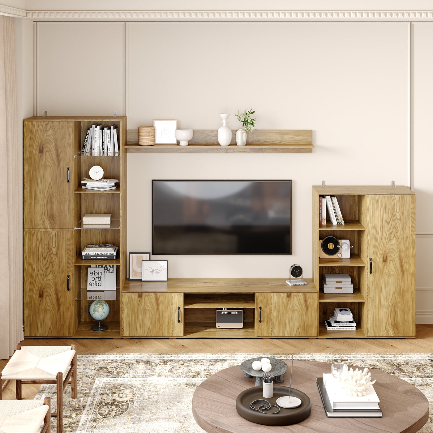 126" Mid-century Natural Wood Entertainment Center with Display Shelves & Storage