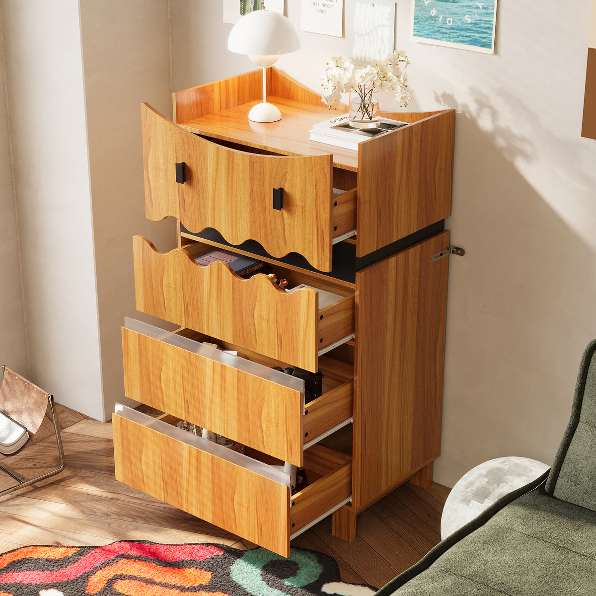 23.6" Playful Brown Monster-Themed Storage Cabinet with 4 Drawers