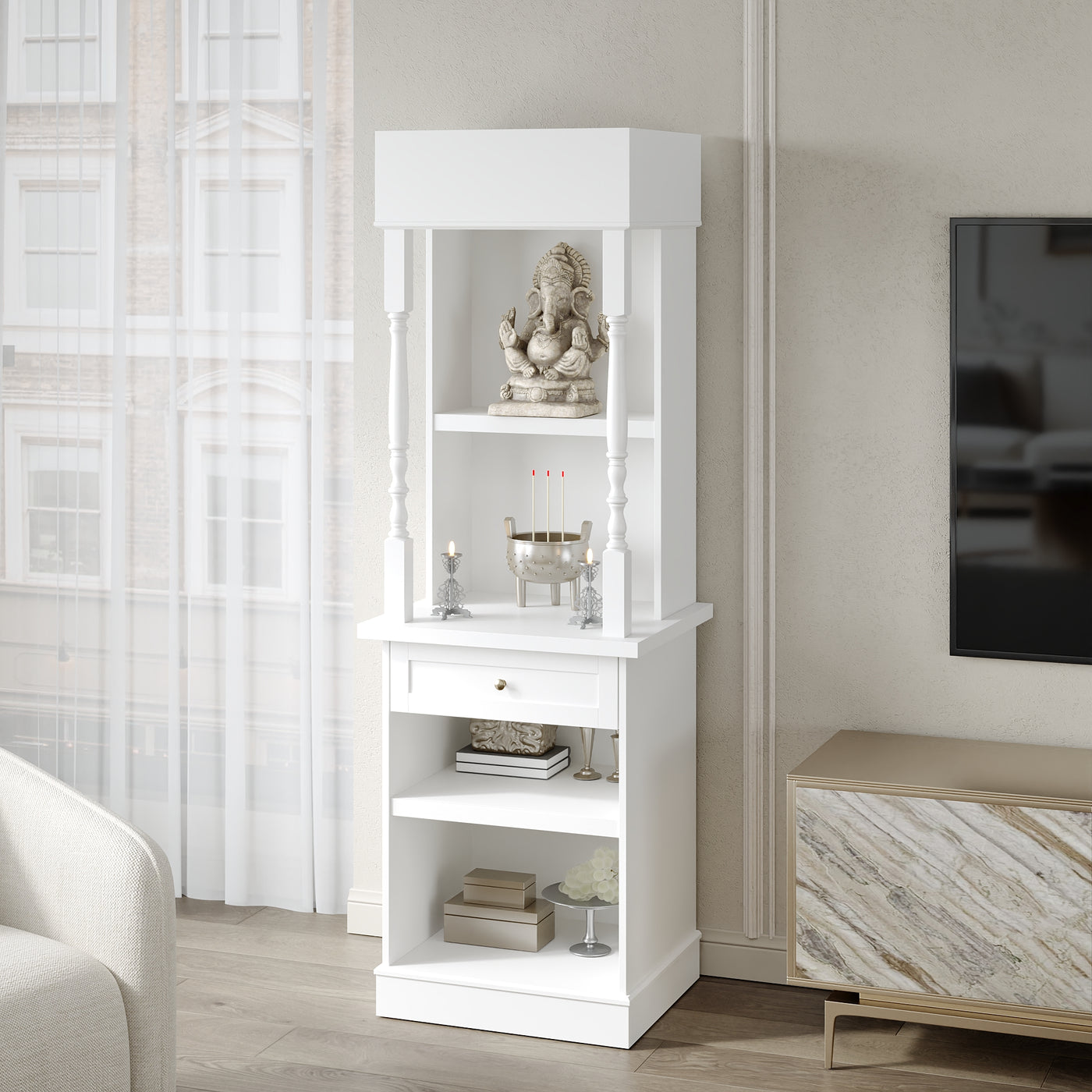 21.4" Modern White Display Stand with 4 Open Shelves and 1 Drawer