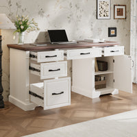 59" Traditional Walnut & White Computer Desk with 5 Drawers